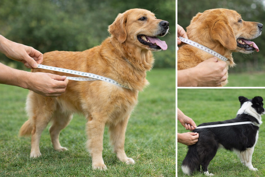 Dog being measured for a coat showing chest girth, neck circumference, and back length using a tape measure