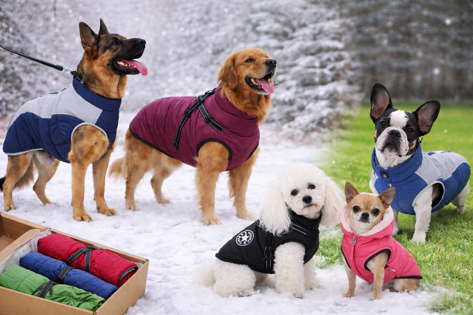 Dogs of different sizes wearing winter coats and jackets outdoors in a snowy landscape